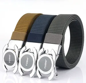 Three men's casual nylon belts in khaki, navy, and grey with silver metal automatic buckles