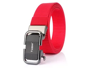 Close-up of a red nylon canvas belt featuring a grey alloy automatic buckle with TUSHI logo