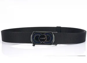 Close-up of tactical nylon belt with unique dual-dial metal automatic buckle design