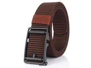 Close-up of brown nylon woven belt with a matte black metal automatic sliding buckle