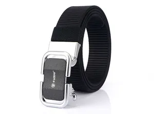 Detail of TUSHI tactical nylon belt featuring a matte black automatic alloy buckle