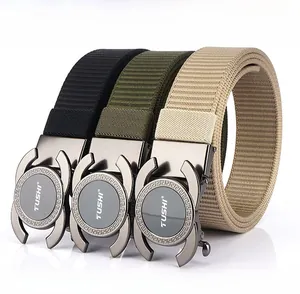 Zinc alloy buckle details on black, green, and khaki nylon outdoor belts for men