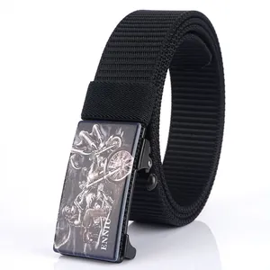 Durable black nylon tactical belt with a vintage motorcycle engraved metal buckle
