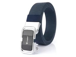 Close-up of TUSHI navy nylon tactical belt with polished alloy automatic buckle detail