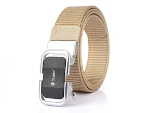 Detail view of khaki nylon belt with silver-black alloy automatic buckle and TUSHI logo
