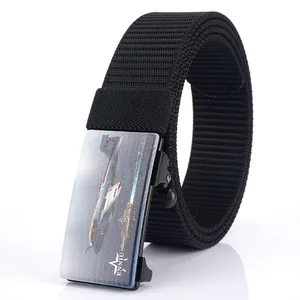 Durable black nylon canvas belt with tactical metal buckle featuring a jet fighter icon