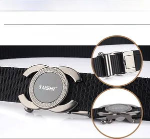 Detailed close-up of a nylon belt with a grey alloy automatic buckle and circular logo