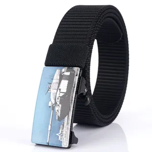 Men's black nylon tactical canvas belt with automatic metal buckle and tank pattern
