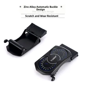 Detail of matte black zinc alloy automatic belt buckle with racing style dial pattern