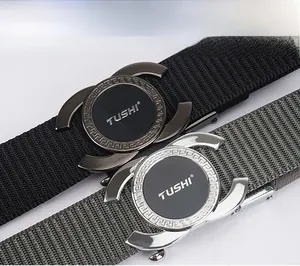 Detail of nylon belts with TUSHI alloy buckle in black and olive green colors