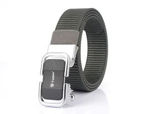 Close-up of army green nylon belt with matte alloy automatic buckle and twill weave texture