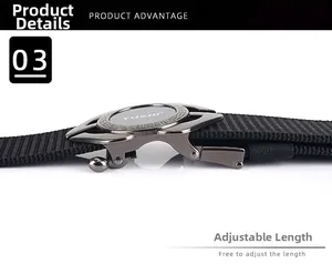 Détail de la boucle automatique en alliage et texture de la ceinture en nylon noir