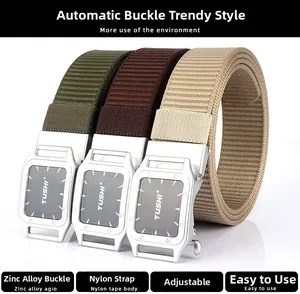 Detailed view of tactical nylon belts in army green, dark brown and khaki with zinc alloy buckles