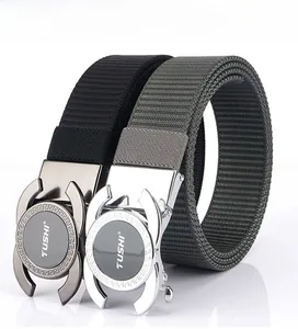 Detail of high-density nylon belts with alloy automatic buckle in black and grey