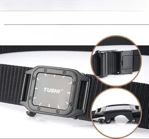 Close-up of black nylon canvas belt with automatic buckle and screw decoration detail