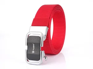 Detailed macro of red nylon canvas belt featuring a sleek black alloy automatic buckle