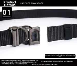 Detail of nylon belt with zinc alloy quick-release buckle and adjustable woven strap