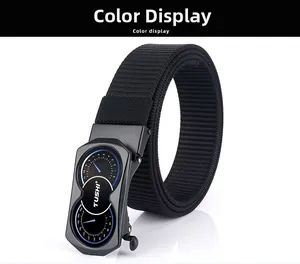 Detail of black nylon tactical belt with zinc alloy automatic dual-dial style buckle