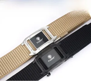 Detail of khaki and black nylon tactical belts with matte metal buckle and TUSHI logo