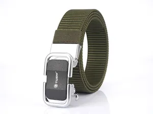 Detailed close-up of military green nylon web belt with silver automatic alloy buckle