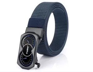 Detail of navy blue woven nylon belt strap and metal automatic buckle with TUSHI logo