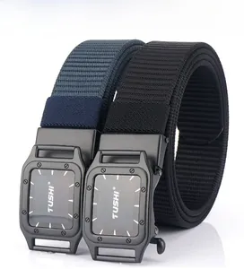 Detail of durable nylon canvas belt with black automatic buckle and textured strap