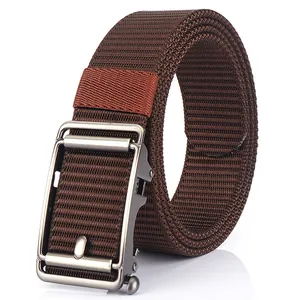 Men's coffee brown nylon belt with a matte gun-gray automatic metal buckle on white background