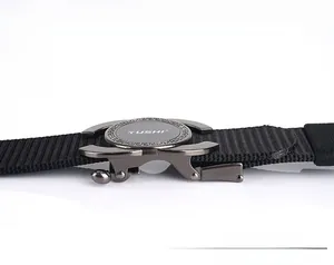 Detail of adjustable gunmetal alloy buckle and durable black nylon belt strap