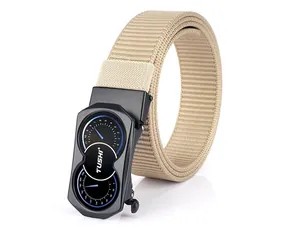 Detail of khaki nylon belt showing industrial buckle with dual dial decorative elements