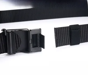 Detail of nylon tactical belt with matte zinc alloy buckle and adjustable cut-to-size strap