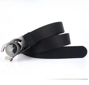 Detailed view of thick woven nylon fabric and matte grey automatic alloy buckle