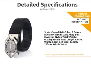 Détails des spécifications pour ceinture en nylon noir avec boucle en alliage et dimensions