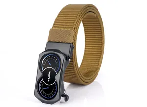 Detail of khaki nylon tactical belt featuring a black matte buckle with dashboard design
