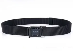 Detail showing tactical black nylon belt with metal quick release automatic buckle