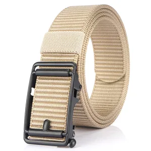 Men's khaki nylon tactical belt with black automatic buckle on white reflective background