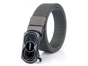 Close-up of charcoal grey nylon woven belt with matte black dual dial buckle detail