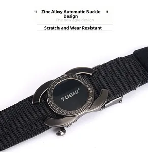 Detail of zinc alloy automatic buckle with TUSHI engraving and woven nylon belt texture
