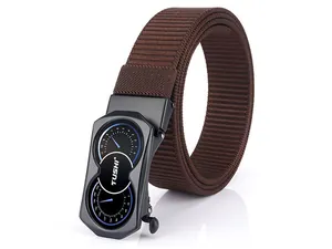Close-up of brown woven nylon belt with a matte black industrial dual-dial buckle