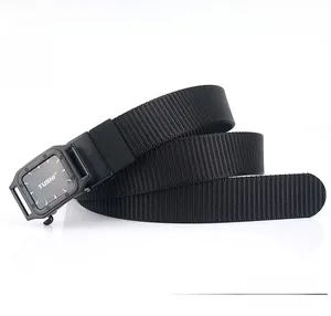 Close-up of durable black nylon web belt with a matte black automatic buckle and woven texture