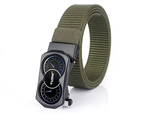 Close-up of army green nylon tactical belt with matte black automatic buckle and TUSHI logo