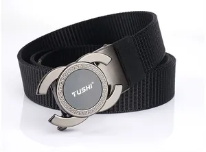 Detailed macro view of the alloy automatic buckle with Greek fret pattern and nylon strap