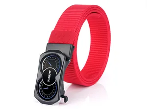 Detailed shot of red nylon belt with a unique black alloy double-dial buckle design