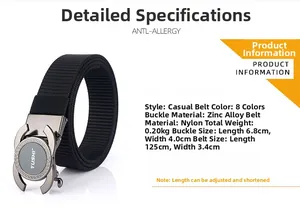 Detailed view of the 125cm black nylon web belt with alloy automatic buckle dimensions