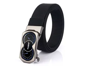 Macro detail of men's nylon belt featuring a textured strap and a car-inspired buckle