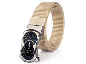 Detail of khaki nylon belt with unique alloy automatic buckle showing industrial texture