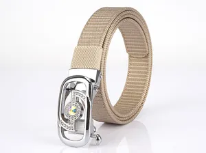 Detail of khaki nylon woven belt with silver rhinestone buckle for women dresses