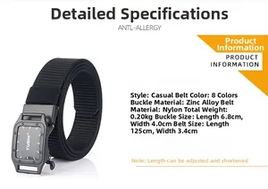 Detailed view of the nylon canvas belt featuring adjustable zinc alloy buckle specifications