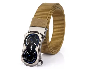 Detail of khaki nylon tactical belt featuring unique dual-dial metal buckle design