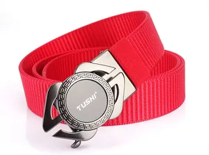 Détail d'une ceinture en nylon rouge tressé avec boucle automatique en alliage et motifs grecs