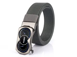 Close-up of grey nylon belt showing high-density texture and industrial automatic buckle